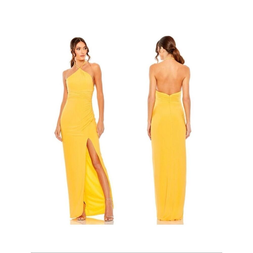 Mac Duggal Ieena Halter Neck Gown Marigold Yellow High Slit Prom Wedding #27122